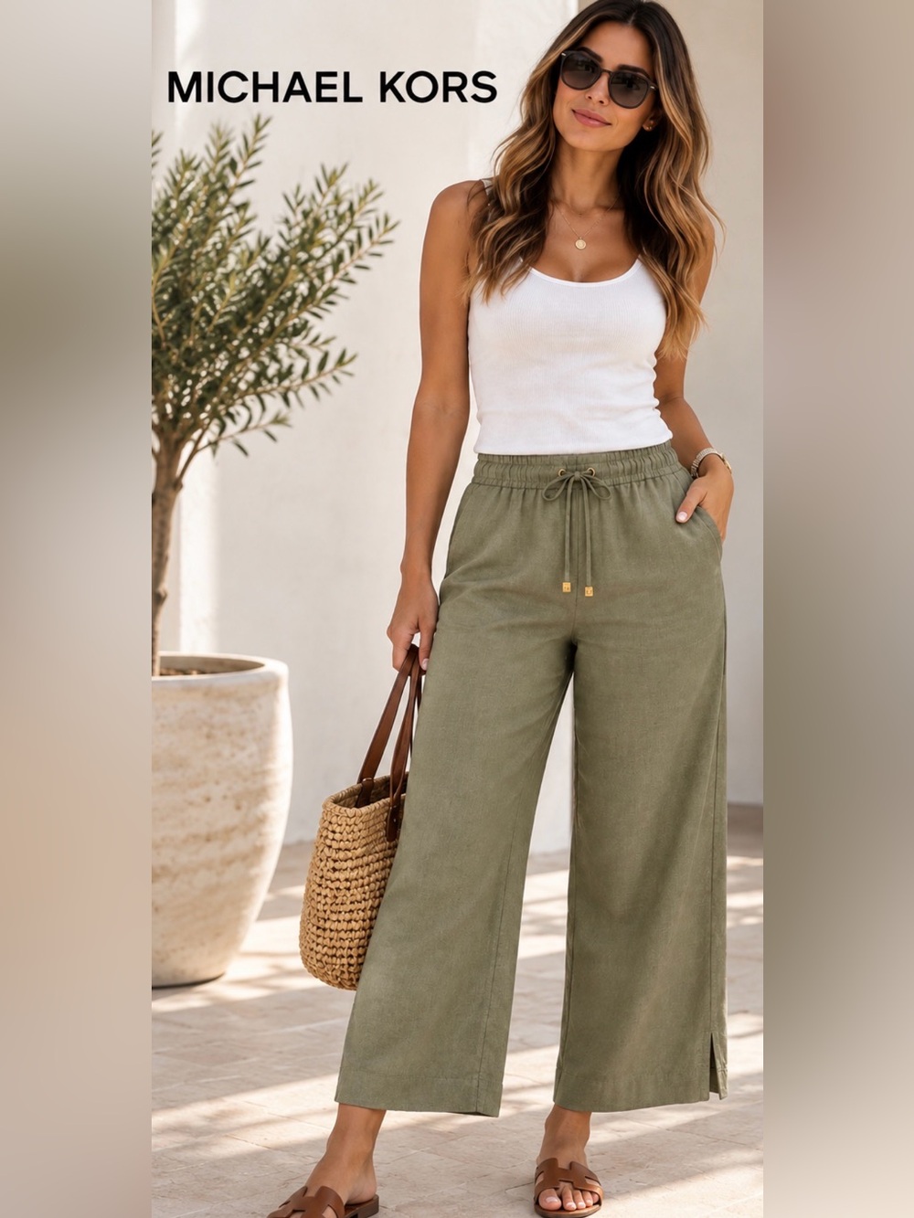 Michael Kors Women’s Linen Blend Pants Size L Olive Green Pull-On Wide Leg